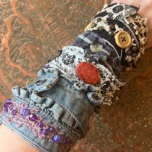 Handmade upcycled stackable beaded tattered lace and button plaid wrap bracelets